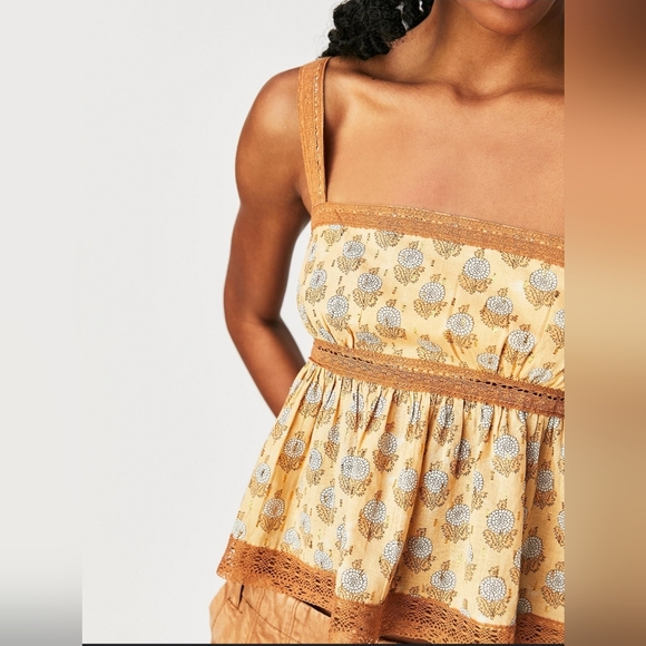Free People Blossom Squareneck Babydoll Tank Cotton Block Print Lace Trim NWOT - Picture 3 of 11